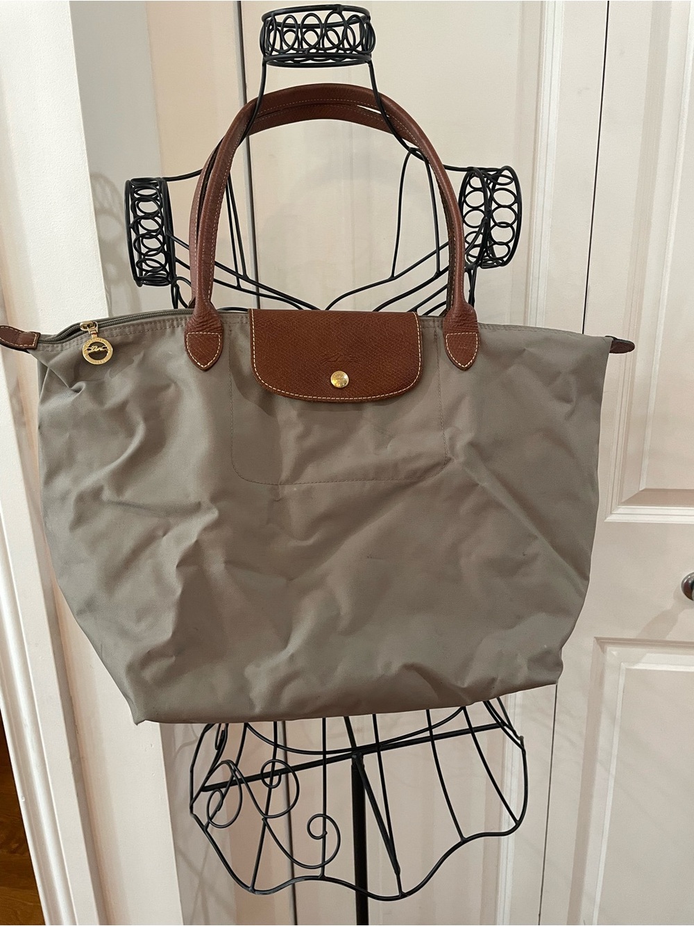 Longchamp Taupe Tote with Brown Trim